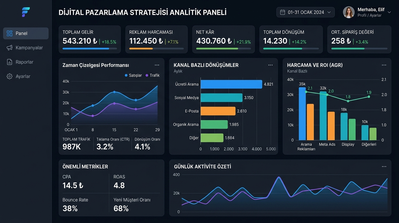Dijital pazarlama stratejisi performans analitiği ve dashboard raporu