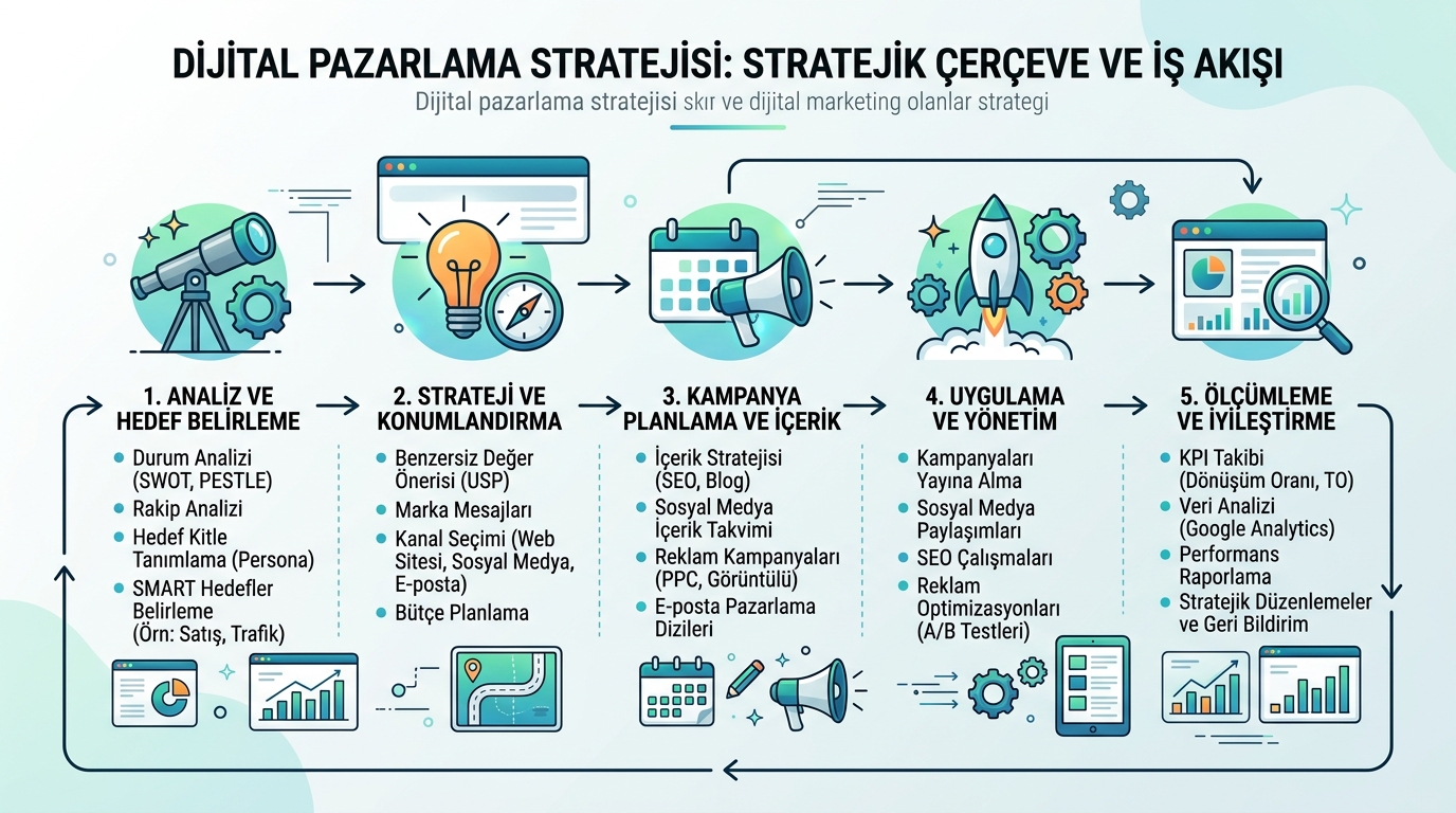 Dijital pazarlama stratejisi uygulama mimarisi ve analiz şeması