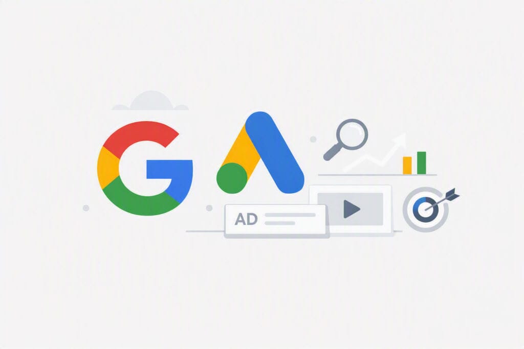Google Ads ve dijital pazarlama araçlarını simgeleyen ikonların yer aldığı kurumsal illüstrasyon görseli.